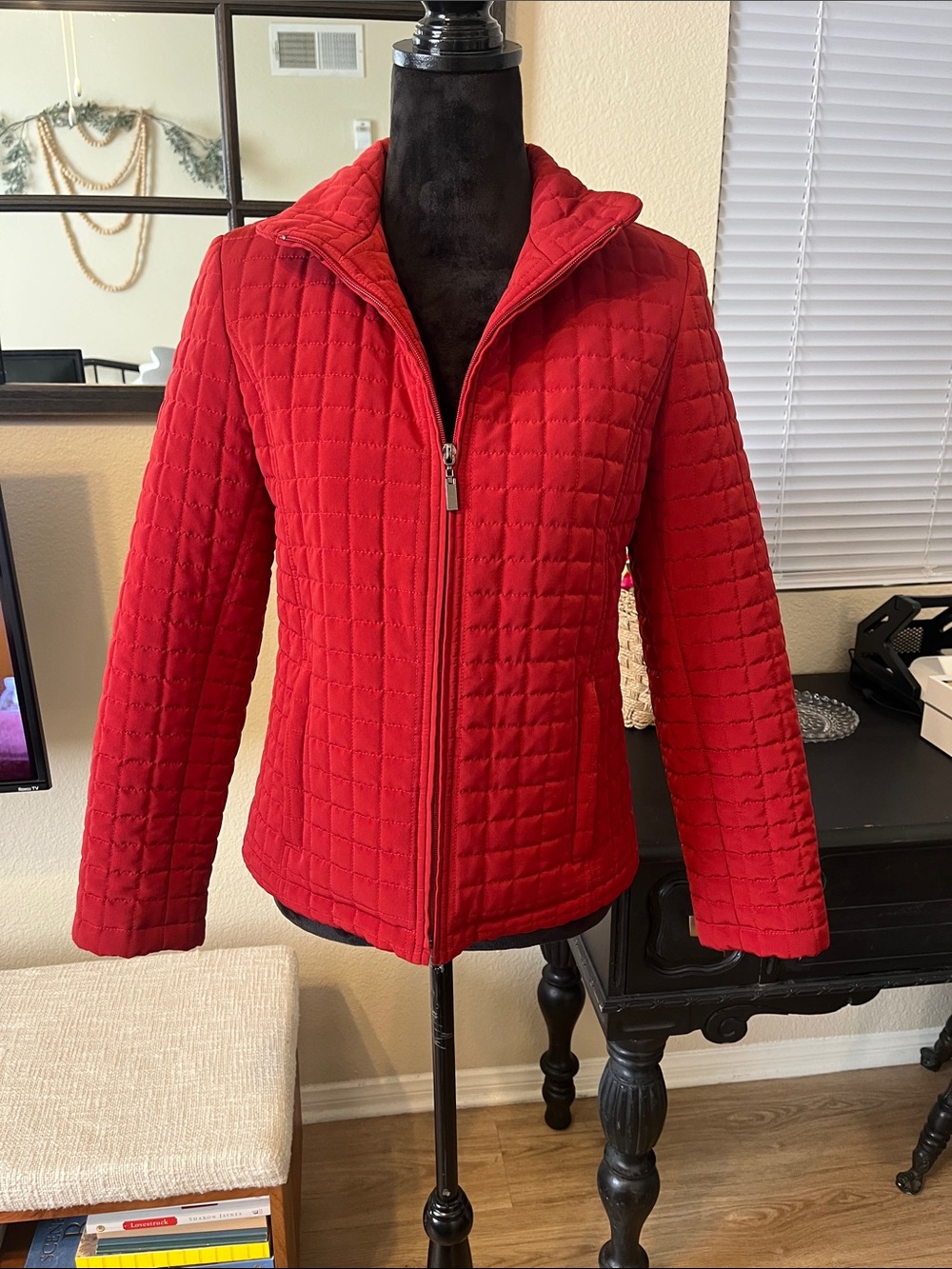 Gallery Red Quilted Zip-Up Jacket with Stand Collar XS
